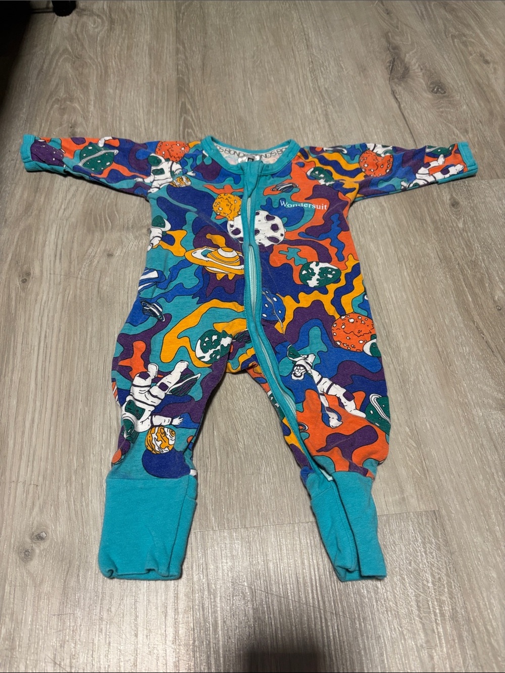 Bonds Teal-Trim Multicolor Space Print Footed One-Piece